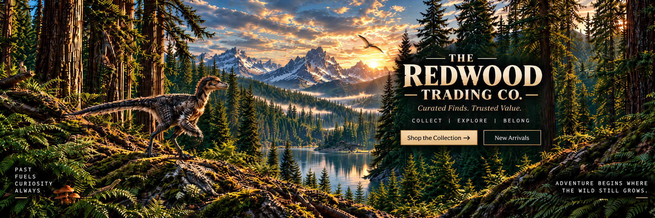 Redwood forest and mountain banner featuring the RTC Troodon mascot, a hidden forest pterosaur, and a soaring Pteranodon
